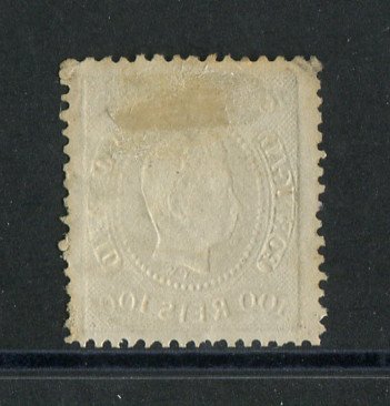 1867/70 - Afinsa nº 33. D. Luís I, fita curva denteado. Selo de 100 reis usado. Carimbo nº 197 - Évora (2ª Reforma). Em boas condições.