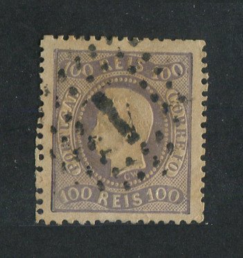 1867/70 - Afinsa nº 33. D. Luís I, fita curva denteado. Selo de 100 reis usado. Em boas condições.