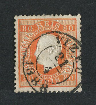 1870/6 - Afinsa nº 42i. D. Luís I, fita direita.Selo de 80 reis usado. Papel porcelana, denteado 12 1/2. Carimbo de Viseu. Denteado irregular.