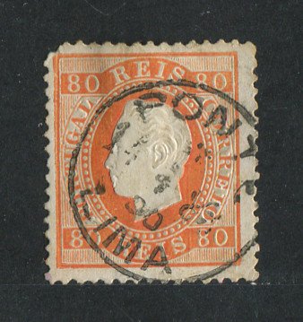 1870/6 - Afinsa nº 42i. D. Luís I, fita direita.Selo de 80 reis usado. Papel porcelana, denteado 12 1/2. Carimbo de Ponte de Lima. Canto curto.
