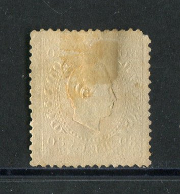 1870/6 - Afinsa nº 42i. D. Luís I, fita direita.Selo de 80 reis usado. Papel porcelana, denteado 12 1/2. Carimbo de Ponte de Lima. Canto curto.