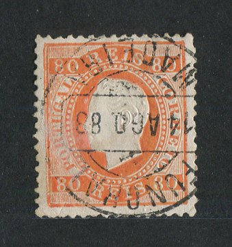 1870/6 - Afinsa nº 42i. D. Luís I, fita direita.Selo de 80 reis usado. Papel porcelana, denteado 12 1/2. Carimbo do Funchal. Pequena transparência.