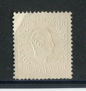 1870/6 - Afinsa nº 42i. D. Luís I, fita direita.Selo de 80 reis usado. Papel porcelana, denteado 12 1/2. Pequeno vinco.