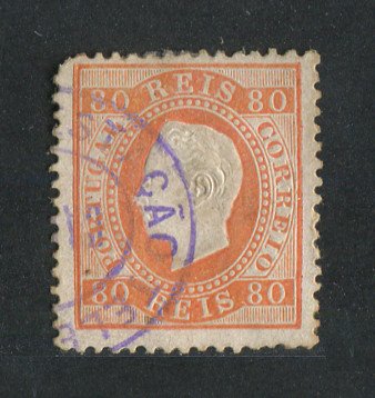 1870/6 - Afinsa nº 42i. D. Luís I, fita direita.Selo de 80 reis usado. Papel porcelana, denteado 12 1/2. Canto curto.