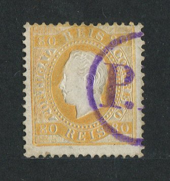 1870/6 - Afinsa nº 42i. D. Luís I, fita direita. Selo de 80 reis usado. Papel porcelana, denteado 12 1/2. Carimbo "PR" - Posta Rural. Em boas condições.