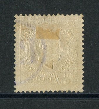 1870/6 - Afinsa nº 42i. D. Luís I, fita direita. Selo de 80 reis usado. Papel porcelana, denteado 12 1/2. Carimbo "PR" - Posta Rural. Em boas condições.