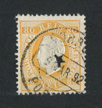 1870/6 - Afinsa nº 42i. D. Luís I, fita direita. Selo de 80 reis usado. Papel porcelana, denteado 12 1/2. Com MARCA TELEGRÁFICA. Em boas condições.
