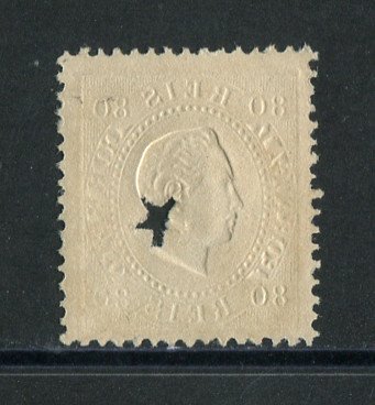1870/6 - Afinsa nº 42i. D. Luís I, fita direita. Selo de 80 reis usado. Papel porcelana, denteado 12 1/2. Com MARCA TELEGRÁFICA. Em boas condições.