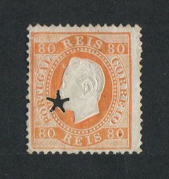 1870/6 - Afinsa nº 42i. D. Luís I, fita direita.Selo de 80 reis usado. Papel porcelana, denteado 12 1/2. Com MARCA TELEGRÁFICA. Pequena transparência.