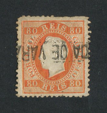 1870/6 - Afinsa nº 42i. D. Luís I, fita direita.Selo de 80 reis usado. Papel porcelana, denteado 12 1/2. Com Carimbo NOMINATIVO de Póvoa de Varzim. Denteado irregular.