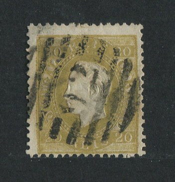 1870/6 - Afinsa nº 39. D. Luis I, fita direita. Selo de 20 reis usado. Papel liso, denteado 12 1/2. Carimbo nº 92 - Feira (2ª Reforma). Em boas condições.