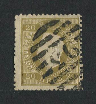 1870/6 - Afinsa nº 39. D. Luis I, fita direita. Selo de 20 reis usado. Papel liso, denteado 12 1/2. Carimbo nº 93 - Figueira da Foz (2ª Reforma). Em boas condições.