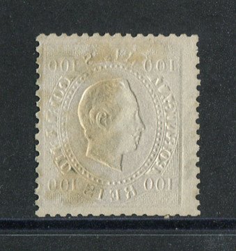1870/6 - Afinsa nº 43. D. Luis I, fita direita. Selo de 100 reis usado. Papel liso, denteado 12 1/2. Em boas condições.
