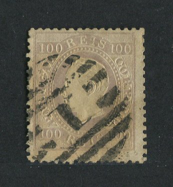 1870/6 - Afinsa nº 43. D. Luis I, fita direita. Selo de 100 reis usado. Papel liso, denteado 12 1/2. Em boas condições.