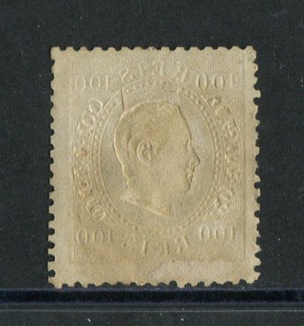 1870/6 - Afinsa nº 43. D. Luis I, fita direita. Selo de 100 reis usado. Papel liso, denteado 12 1/2. Em boas condições.