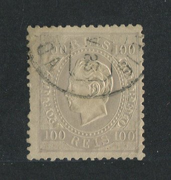 1870/6 - Afinsa nº 43. D. Luis I, fita direita.Selo de 100 reis usado. Papel liso, denteado 12 1/2. Denteado irregular.