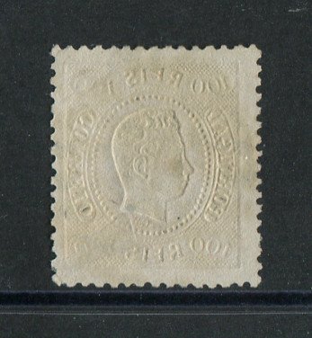 1867/70 - Afinsa nº 33. D. Luís I, fita curva denteado.Selo de 100 reis usado. Pequena transparência.