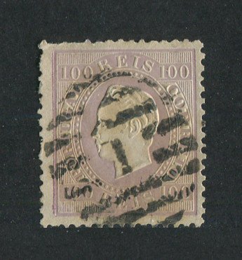 1870/6 - Afinsa nº 43. D. Luis I, fita direita.Selo de 100 reis usado. Papel liso, denteado 12 1/2. Denteado irregular.