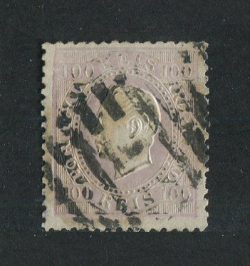 1870/6 - Afinsa nº 43. D. Luis I, fita direita.Selo de 100 reis usado. Papel liso, denteado 12 1/2. Carimbo forte mas em boas condições.