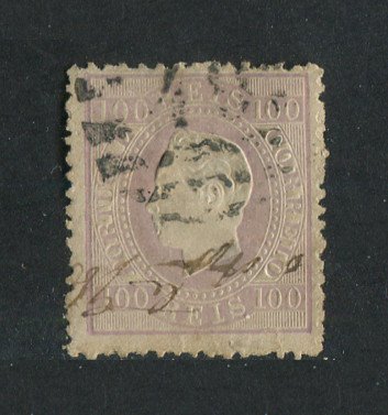 1870/6 - Afinsa nº 43. D. Luis I, fita direita.Selo de 100 reis usado. Papel liso, denteado 12 1/2. Pequena transparência.