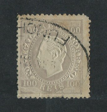 1870/6 - Afinsa nº 43b. D. Luis I, fita direita.Selo de 100 reis usado. Papel liso, denteado 13 1/2. Carimbo do Funchal. Vários defeitos.