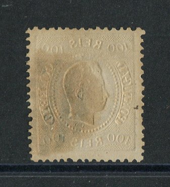 1867/70 - Afinsa nº 33. D. Luís I, fita curva denteado.Selo de 100 reis usado. Carimbo forte e pequeno vinco.