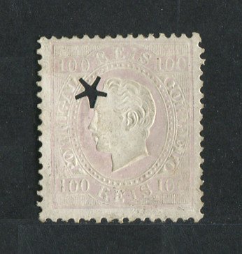 1870/6 - Afinsa nº 43F. D. Luis I, fita direita. Selo de 100 reis usado. Papel porcelana, denteado 12 1/2. Com MARCA TELEGRÁFICA. Em boas condições.