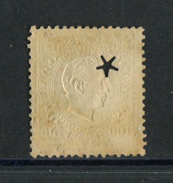 1870/6 - Afinsa nº 43F. D. Luis I, fita direita. Selo de 100 reis usado. Papel porcelana, denteado 12 1/2. Com MARCA TELEGRÁFICA. Em boas condições.