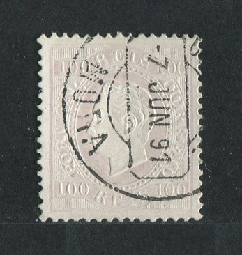 1870/6 - Afinsa nº 43F. D. Luis I, fita direita.Selo de 100 reis usado. Papel porcelana, denteado 12 1/2. Carimbo de Mora. Pequena transparência.