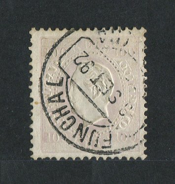 1870/6 - Afinsa nº 43F. D. Luis I, fita direita.Selo de 100 reis usado. Papel porcelana, denteado 12 1/2. Carimbo do Funchal. Pequena transparência.