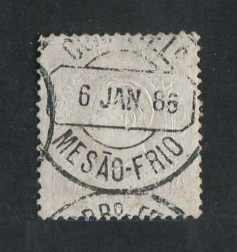 1870/6 - Afinsa nº 43F. D. Luis I, fita direita.Selo de 100 reis usado. Papel porcelana, denteado 12 1/2. Carimbo de Mesão Frio. Pequenas irregularidades na porcelana do papel.