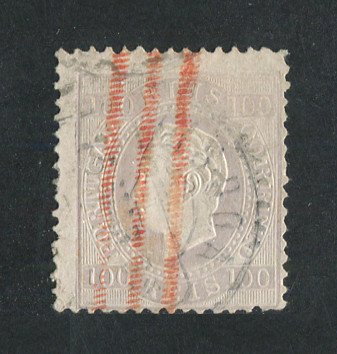 1870/6 - Afinsa nº 43F. D. Luis I, fita direita. Selo de 100 reis usado. Papel porcelana, denteado 12 1/2. Com MARCA TELEGRÁFICA A VERMELHO. Em boas condições.