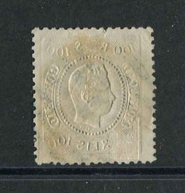 1867/70 - Afinsa nº 33. D. Luís I, fita curva denteado.Selo de 100 reis usado. Pequeno rasgo na margem superior.