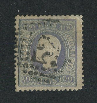 1867/70 - Afinsa nº 33. D. Luís I, fita curva denteado.Selo de 100 reis usado. Pequena transparência.