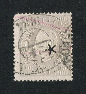 1870/6 - Afinsa nº 43K. D. Luís I, fita direita.Selo de 100 reis usado. Papel porcelana, denteado 13 1/2. Com MARCA TELEGRÁFICA A VERMELHO e ESTRELA. Canto curto.