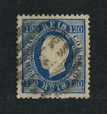 1870/6 - Afinsa nº 44. D. Luis I, fita direita. Selo de 120 reis usado. Papel liso, denteado 12 1/2. Em boas condições.