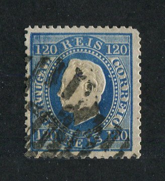 1870/6 - Afinsa nº 44. D. Luis I, fita direita.Selo de 120 reis usado. Papel liso, denteado 12 1/2. Canto curto.