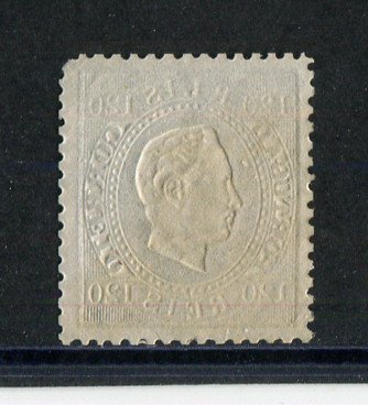 1870/6 - Afinsa nº 44. D. Luis I, fita direita.Selo de 120 reis usado. Papel liso, denteado 12 1/2. Canto curto.