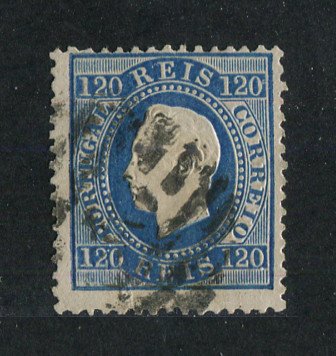 1870/6 - Afinsa nº 44. D. Luis I, fita direita.Selo de 120 reis usado. Papel liso, denteado 12 1/2. Apresenta o cunho ligeiramente aberto.