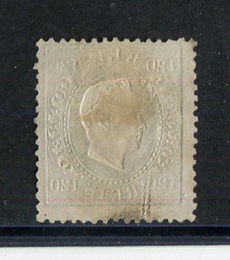 1870/6 - Afinsa nº 44. D. Luis I, fita direita.Selo de 120 reis usado. Papel liso, denteado 12 1/2. Apresenta o cunho ligeiramente aberto.
