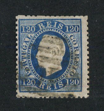 1870/6 - Afinsa nº 44. D. Luis I, fita direita.Selo de 120 reis usado. Papel liso, denteado 12 1/2. Denteado irregular.