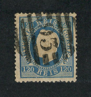 1870/6 - Afinsa nº 44. D. Luis I, fita direita. Selo de 120 reis usado. Papel liso, denteado 12 1/2. Carimbo nº 93 - Figueira da Foz (2ª Reforma). Em boas condições.
