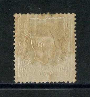1870/6 - Afinsa nº 44. D. Luis I, fita direita. Selo de 120 reis usado. Papel liso, denteado 12 1/2. Carimbo nº 93 - Figueira da Foz (2ª Reforma). Em boas condições.