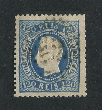 1867/70 - Afinsa nº 34. D. Luís I, fita curva denteado. Selo de 120 reis usado. Em boas condições.