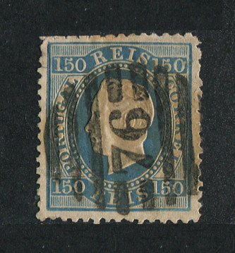 1870/6 - Afinsa nº 45. D. Luis I, fita direita.Selo de 150 reis usado. Papel liso, denteado 12 1/2. Carimbo nº 76 - Vila Nova de Famalicão (2ª Reforma). Este selo foi redenteado.