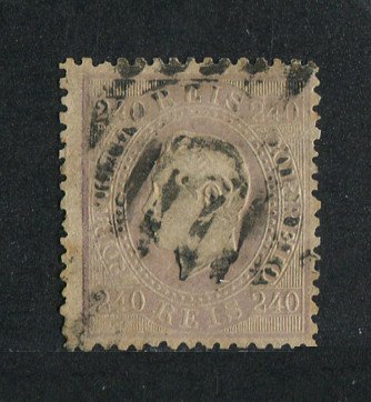 1870/6 - Afinsa nº 46. D. Luis I, fita direita.Selo de 240 reis usado. Papel liso, denteado 12 1/2. Este selo foi redenteado e apresenta uma pequena reparação.
