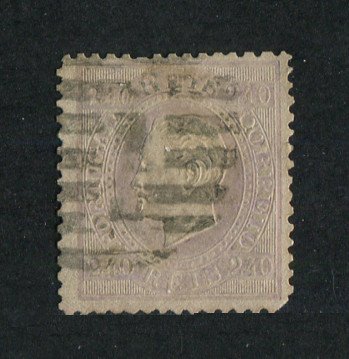 1870/6 - Afinsa nº 46. D. Luis I, fita direita.Selo de 240 reis usado. Papel liso, denteado 12 1/2. Canto curto.
