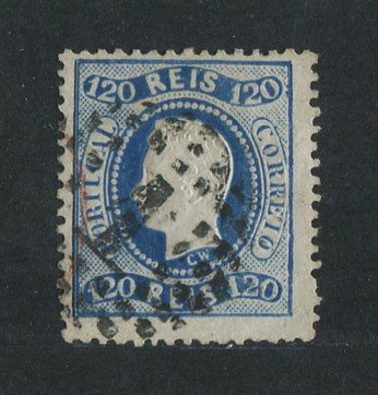 1867/70 - Afinsa nº 34. D. Luís I, fita curva denteado. Selo de 120 reis usado. Em boas condições.