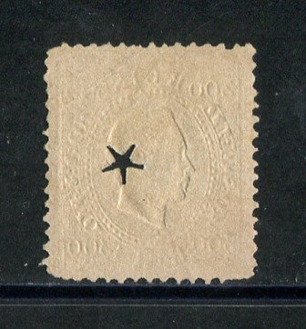 1870/6 - Afinsa nº 47B. D. Luis I, fita direita.Selo de 300 reis usado. Papel porcelana, denteado 12 1/2. Com MARCA TELEGRÁFICA. Cantos curtos.