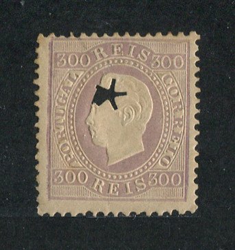 1870/6 - Afinsa nº 47B. D. Luis I, fita direita. Selo de 300 reis usado. Papel porcelana, denteado 12 1/2. Com MARCA TELEGRÁFICA. Apesar de estar obliterado este selo apresenta goma original. Em boas condições.